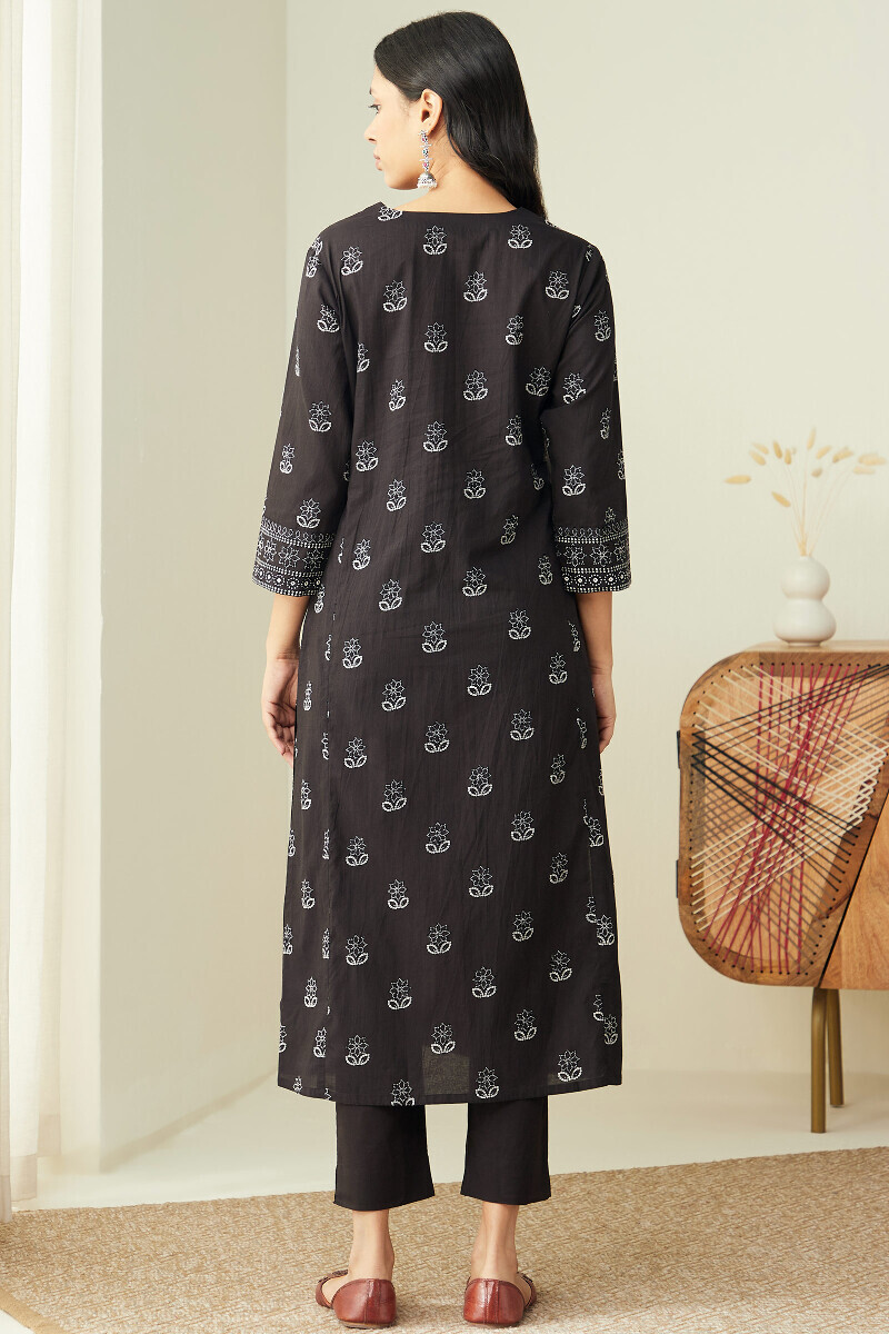 Black Hand-Printed Straight Cotton Kurta