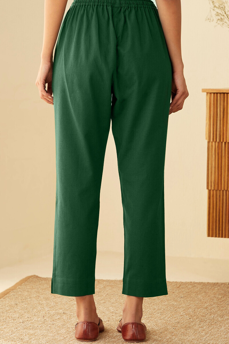 Green Handcrafted Cotton Flax Narrow Pants