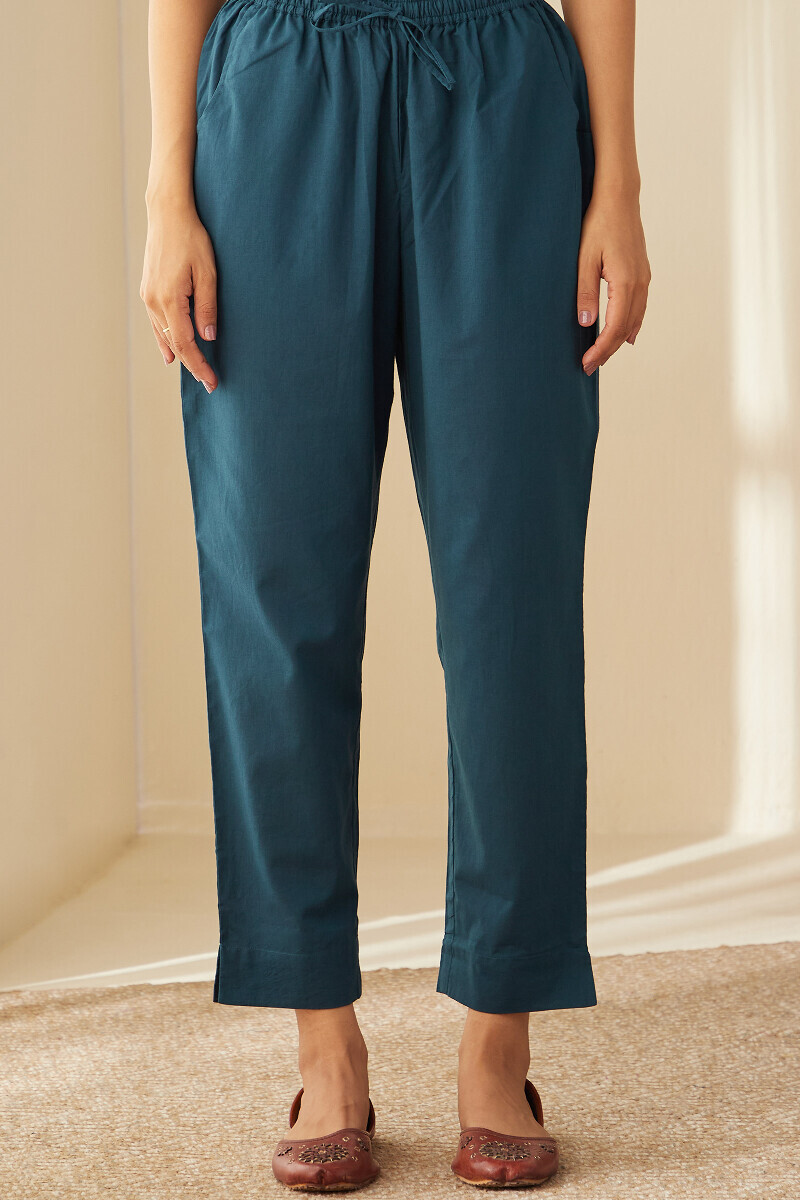 Blue Handcrafted Cotton Narrow Pants