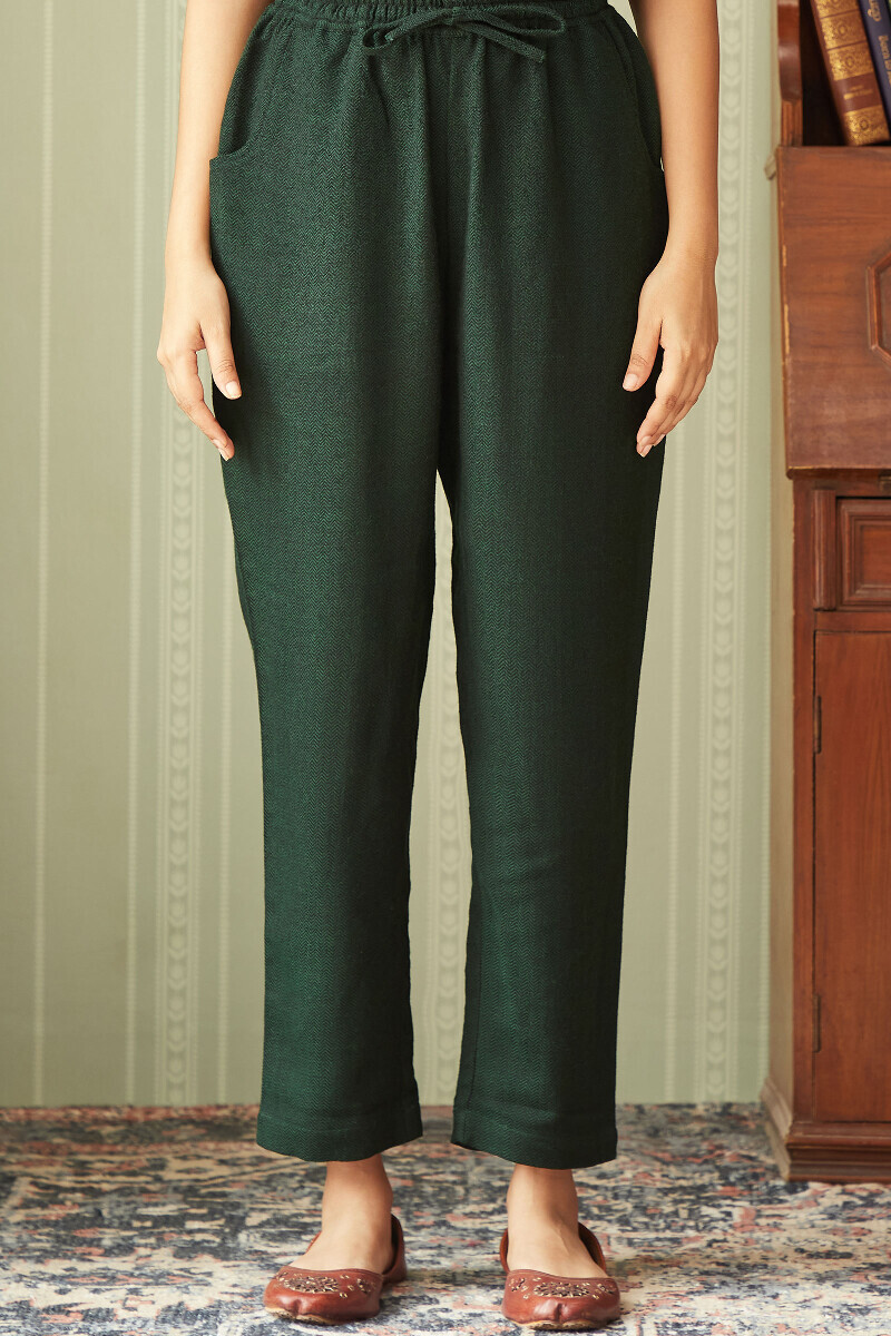 Green Handcrafted Faux Wool Narrow Pants