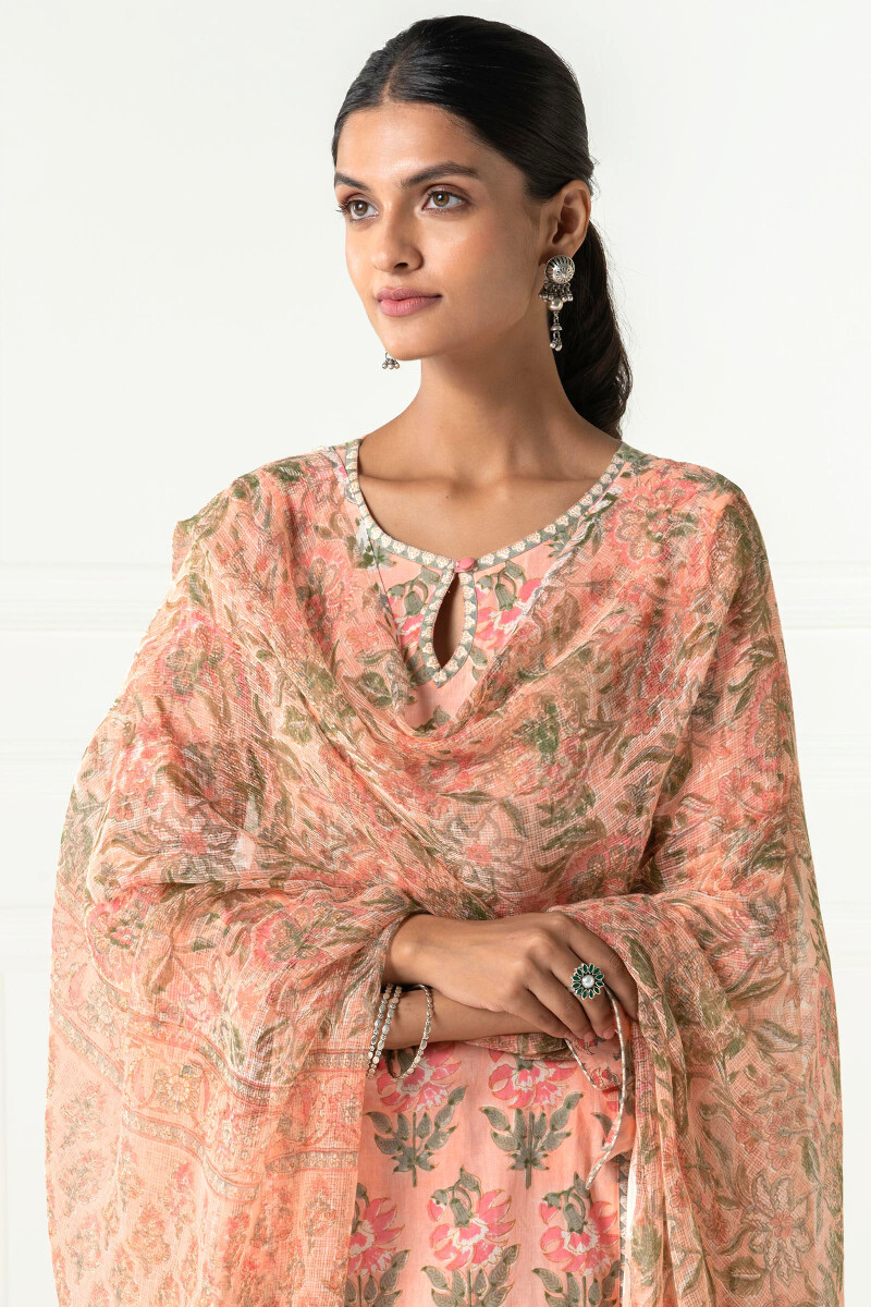 Peach Block Printed Kota Dupatta