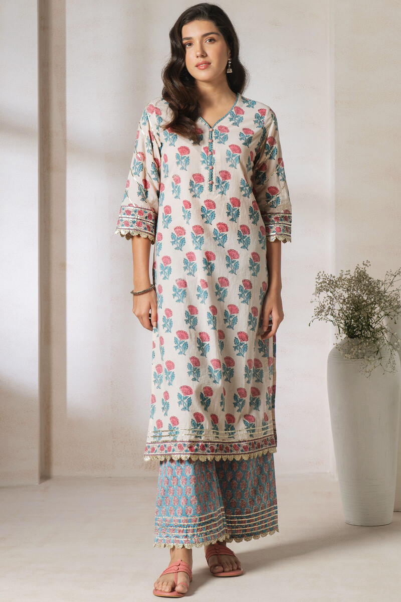 Off-White Block Printed Straight Cotton Kurta