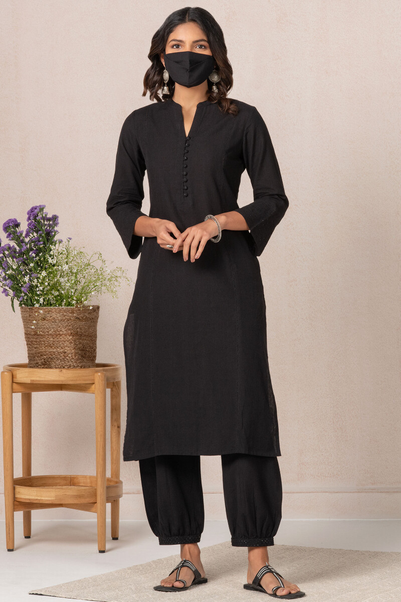 Black Handcrafted Straight Cotton Kurta