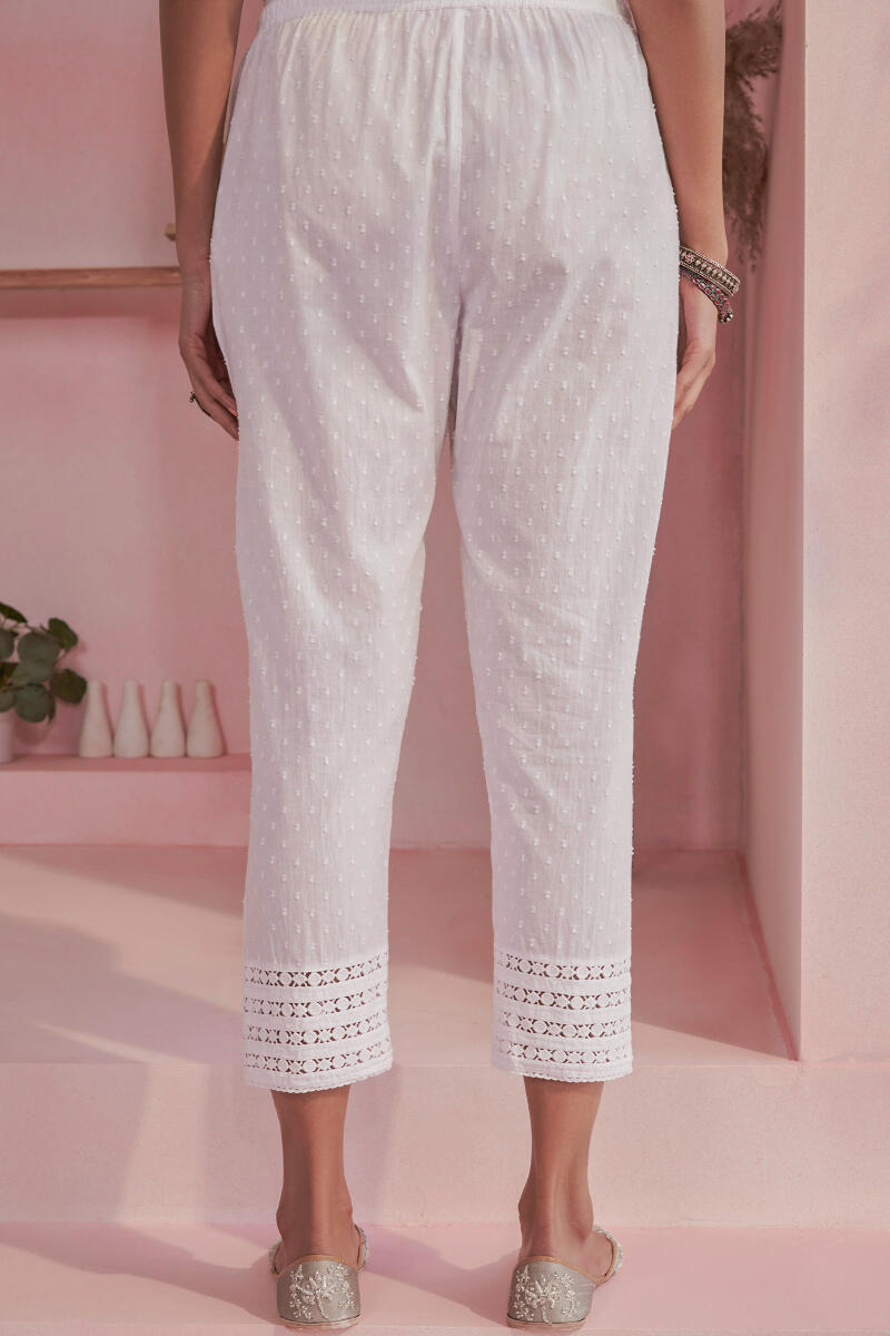 White Handcrafted Cotton Dobby Narrow Pants