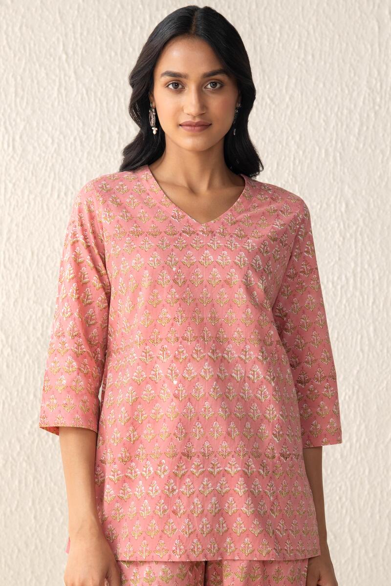 Pink Block Printed Cotton Loungewear Set