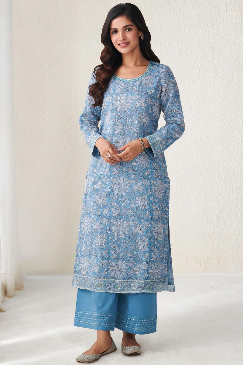 Blue Hand Block Printed Straight Kota Kurta