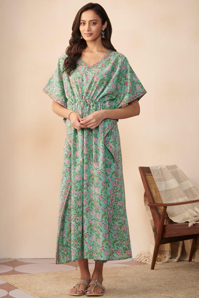 Green Hand Block Printed Cotton Kaftan