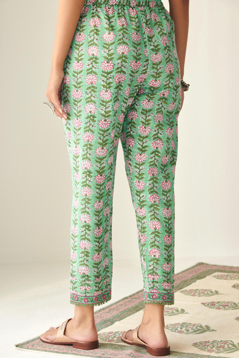 Green Hand Block Printed Cotton Narrow Pants