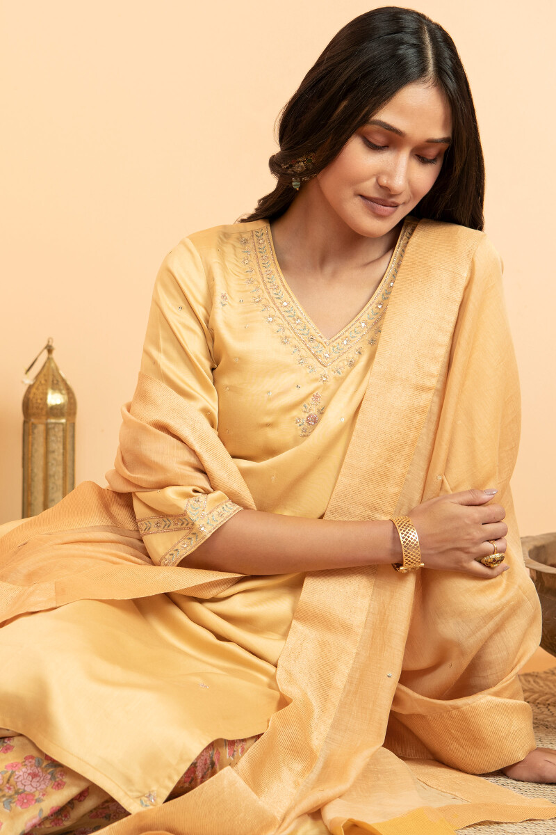 Yellow Handcrafted Straight Modal Kurta