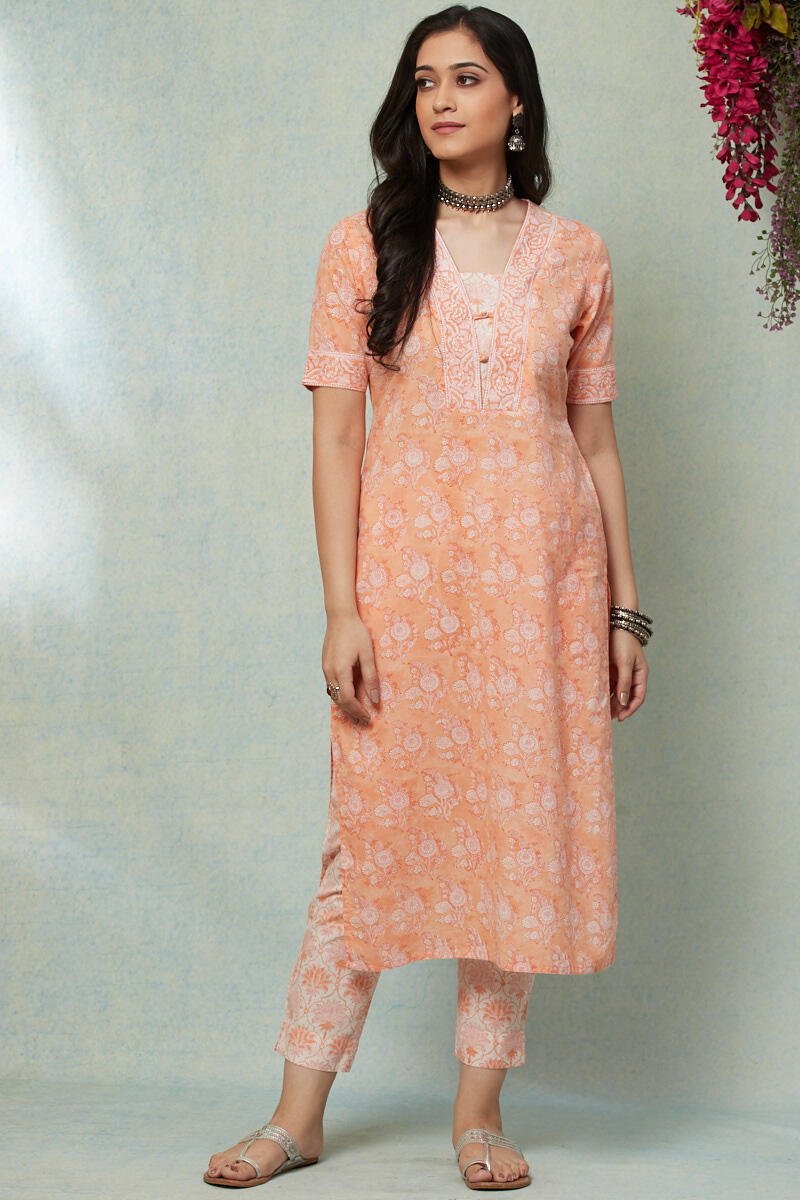 Orange Block Printed Straight Cotton Kurta