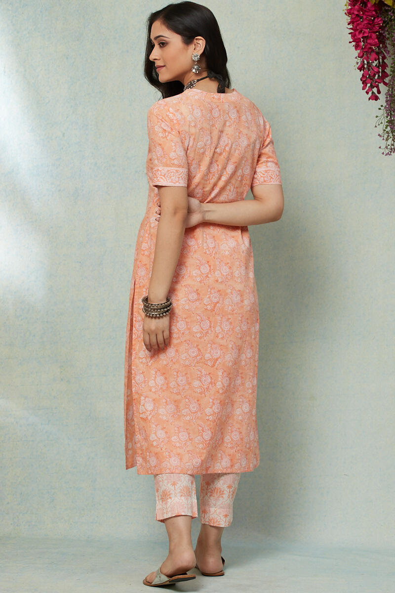 Orange Block Printed Straight Cotton Kurta