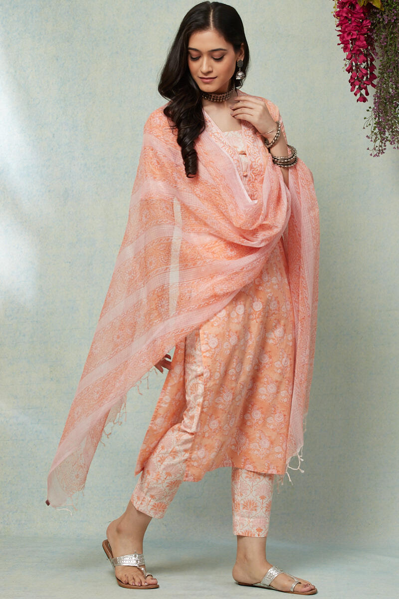 Orange Block Printed Straight Cotton Kurta