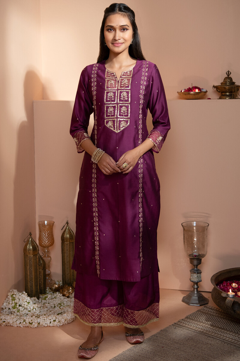 Purple Handcrafted Straight Chanderi Kurta