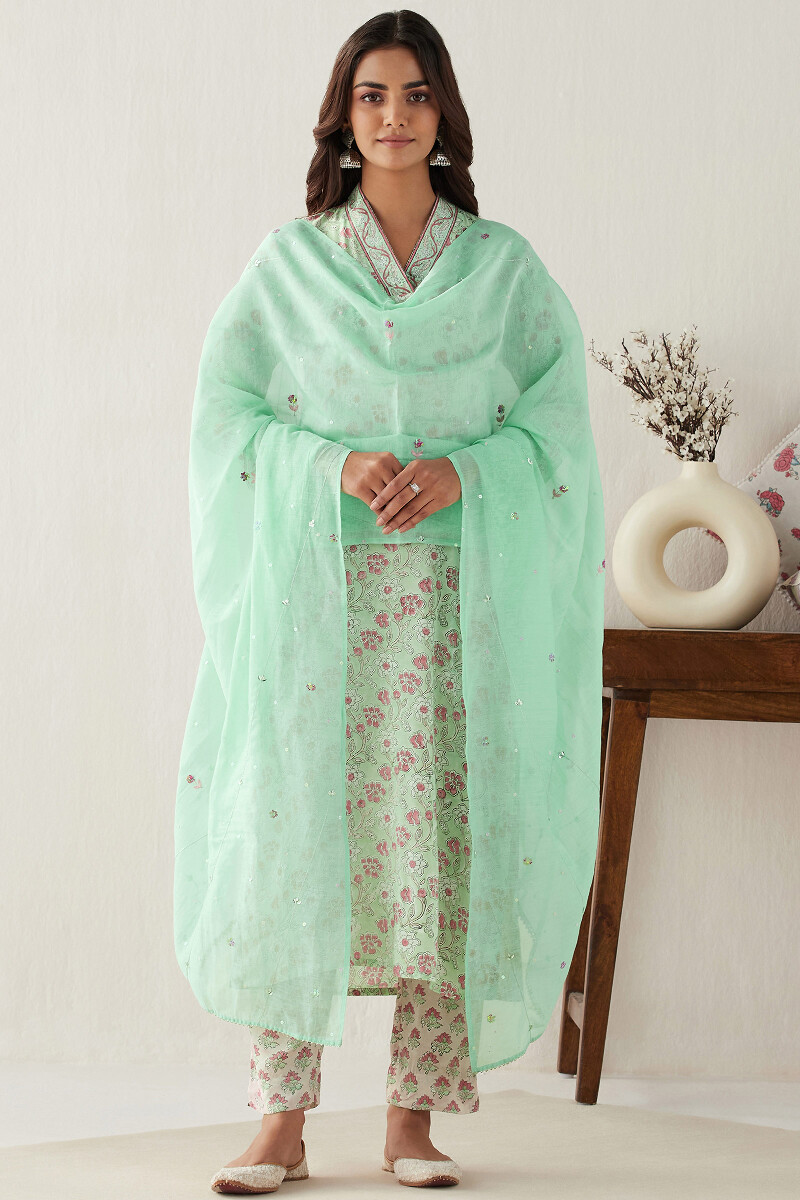 Green Handcrafted Cotton Silk Dupatta