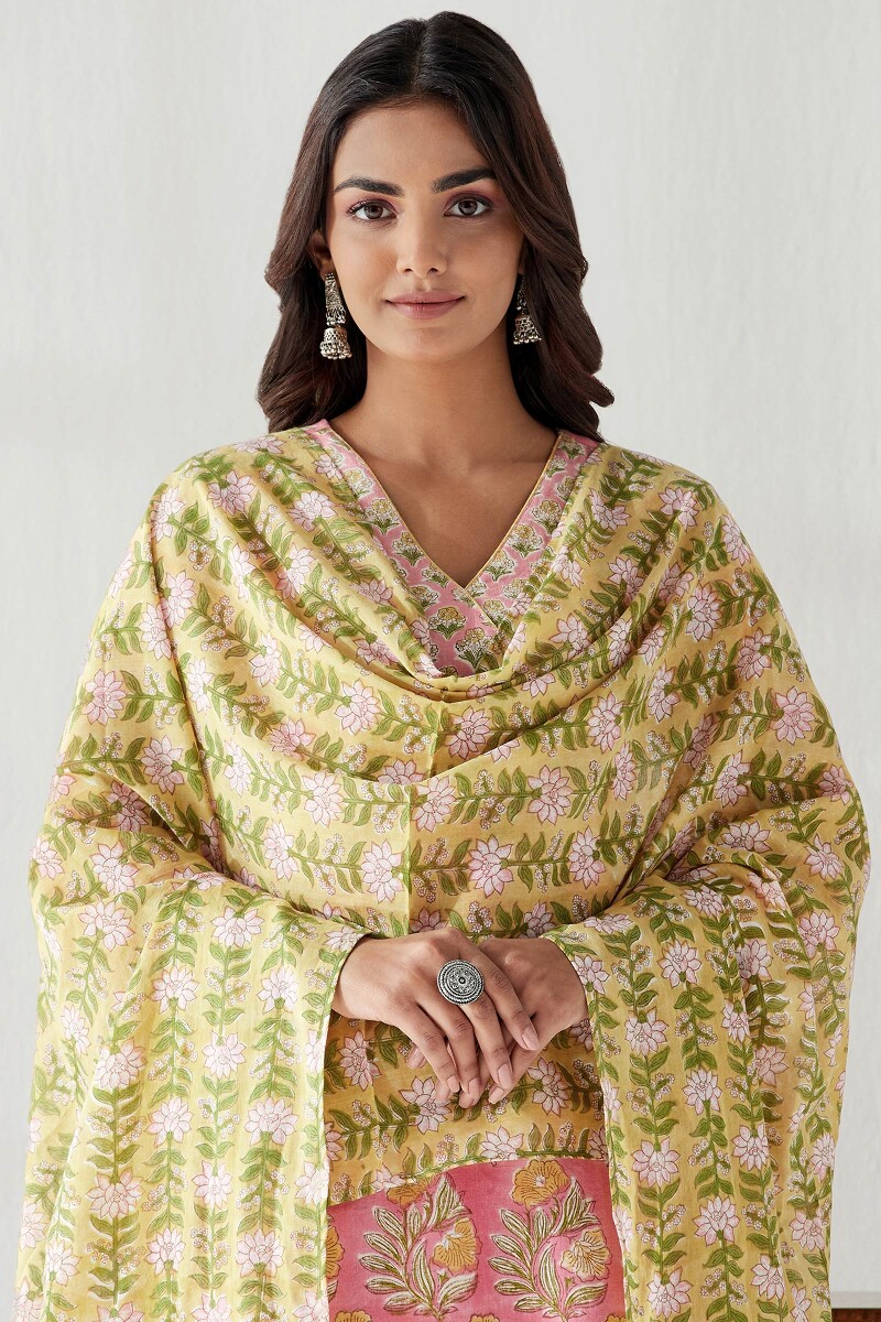 Yellow Hand Block Printed Cotton Mul Dupatta