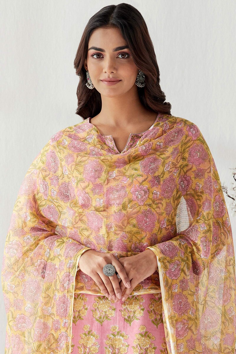 Yellow Hand Block Printed Kota Dupatta