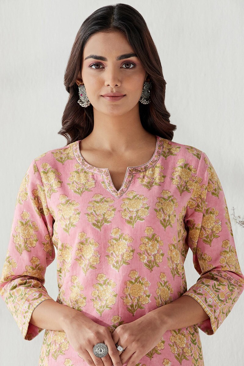 Pink Hand Block Printed Straight Cotton Flax Kurta