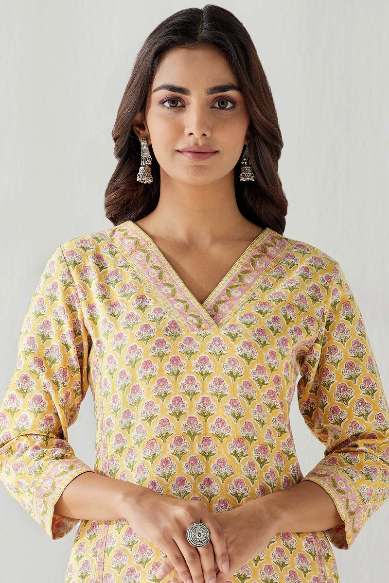 Yellow Hand Block Printed Straight Cotton Flax Kurta