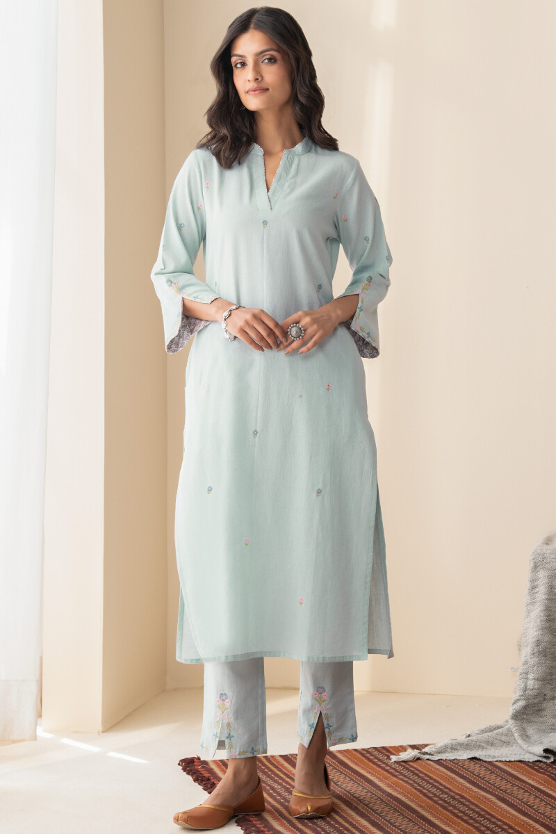 Blue Handcrafted Straight Cotton Flax Kurta