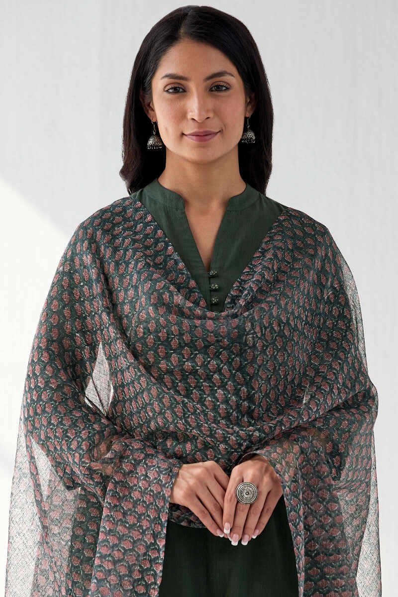 Green Hand Block Printed Kota Dupatta