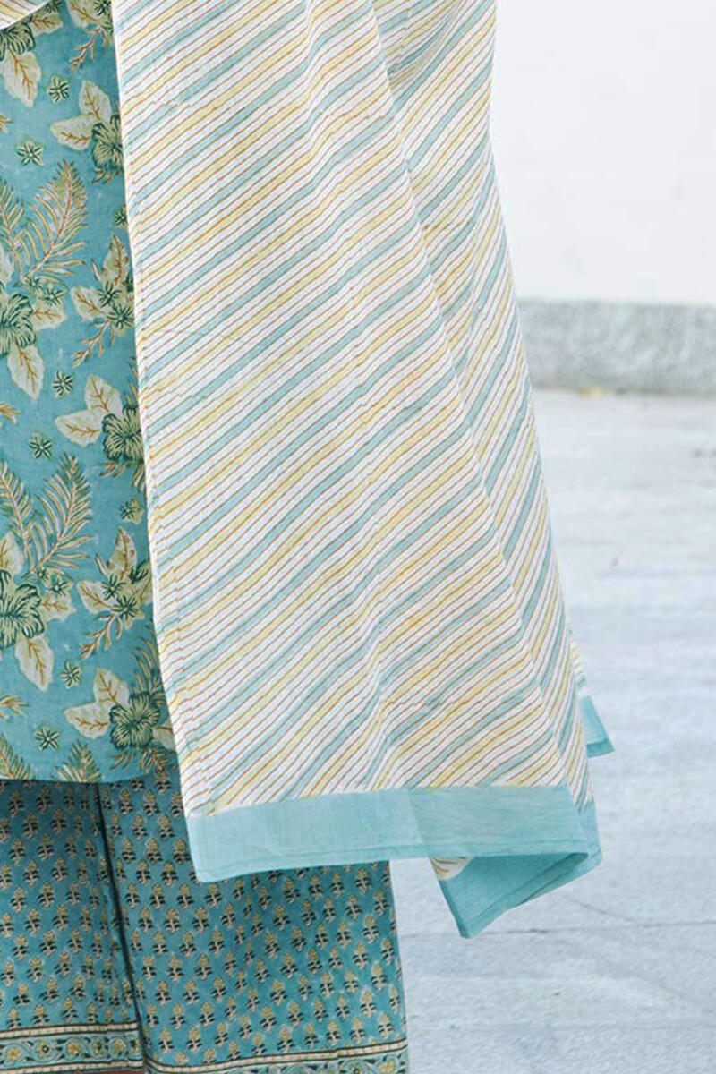 Turquoise Block Printed Cotton Dupatta