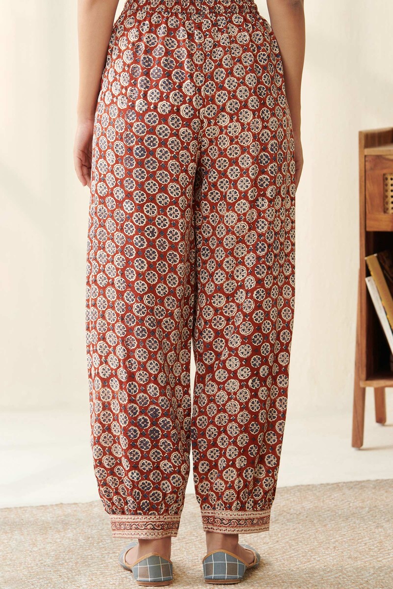 Red Hand Block Printed Viscose Izhaar Pants