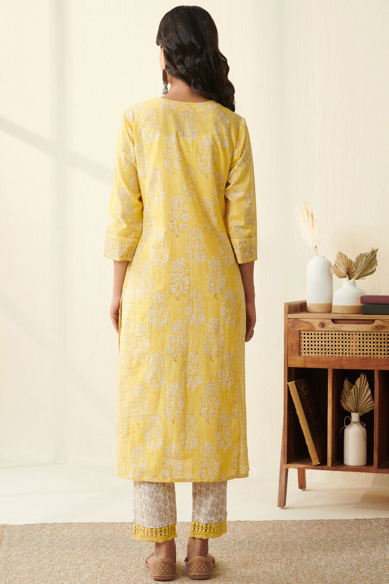 Yellow Hand Block Printed Straight Cotton Dobby Kurta