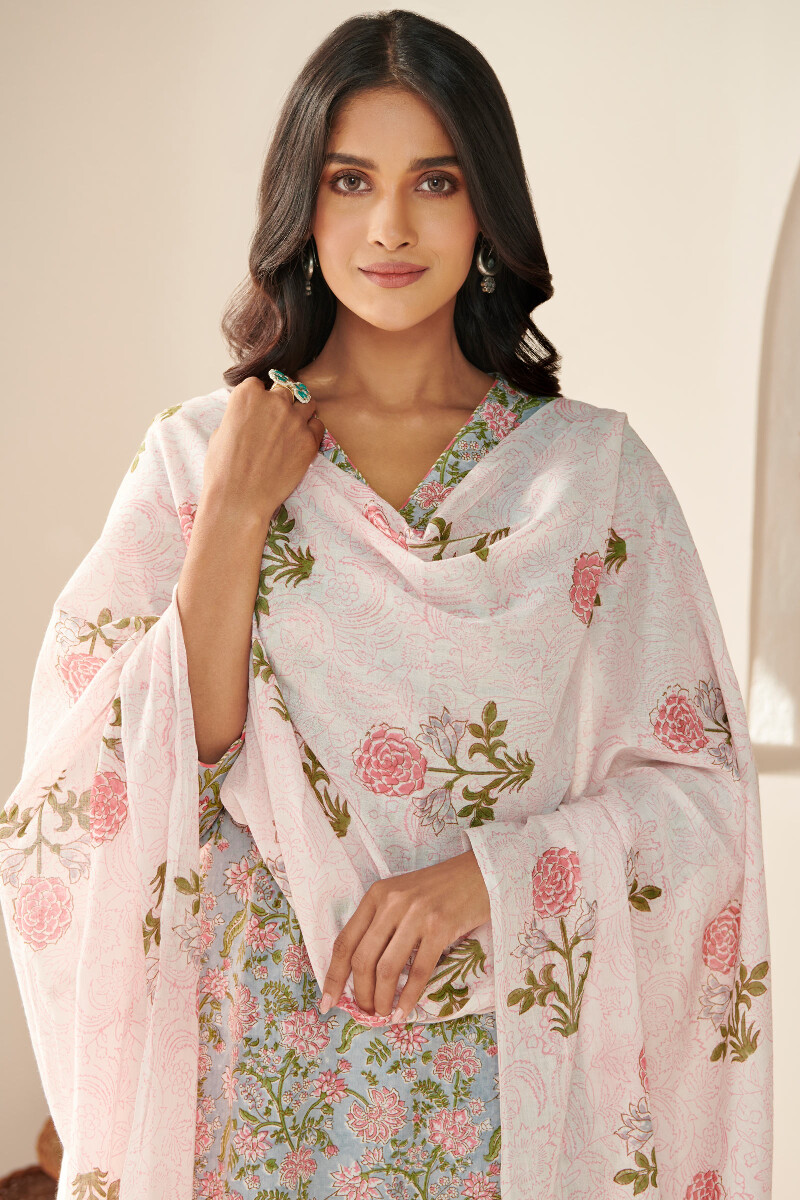 Off-White Hand Block Printed Cotton Mul Dupatta