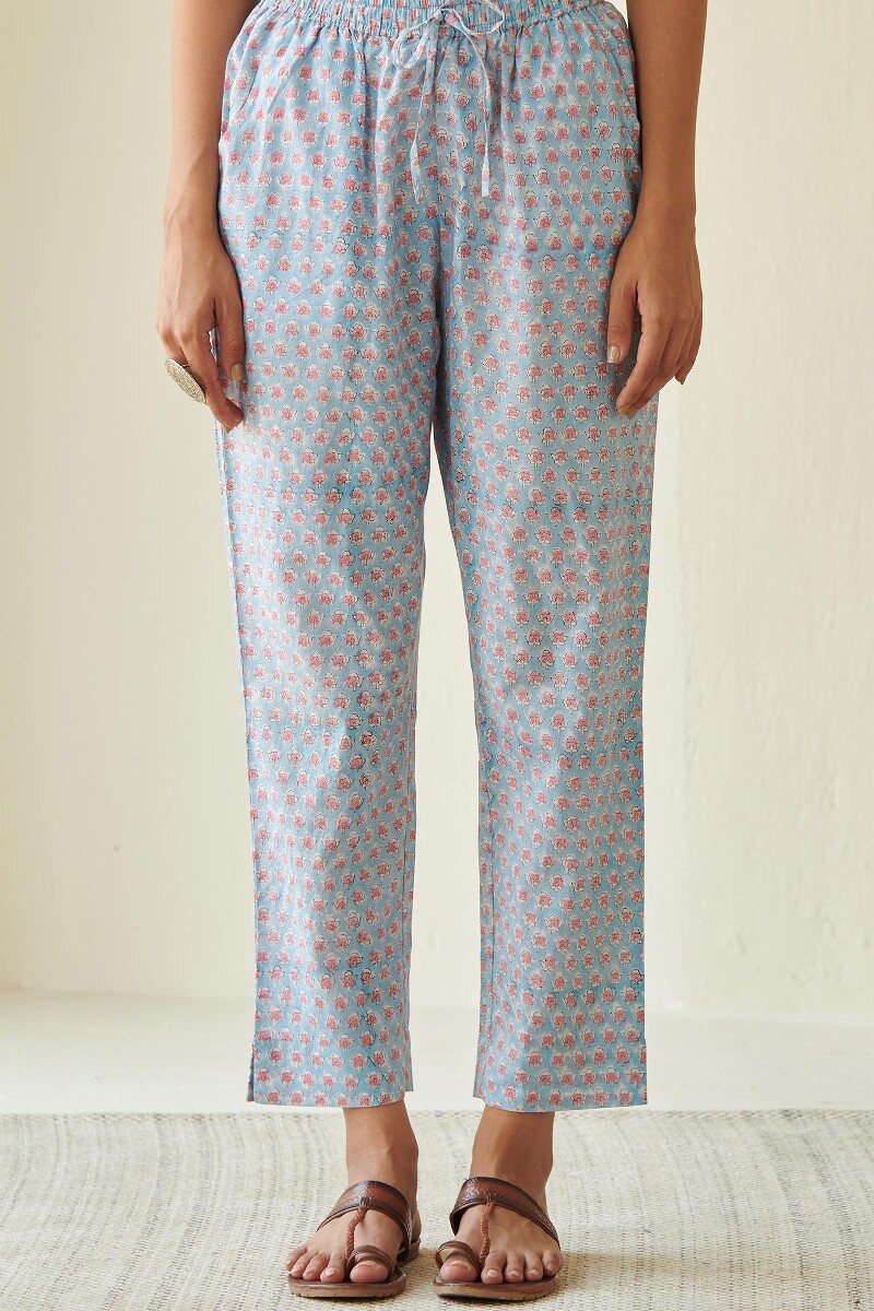 Blue Block Printed Cotton Narrow Pants