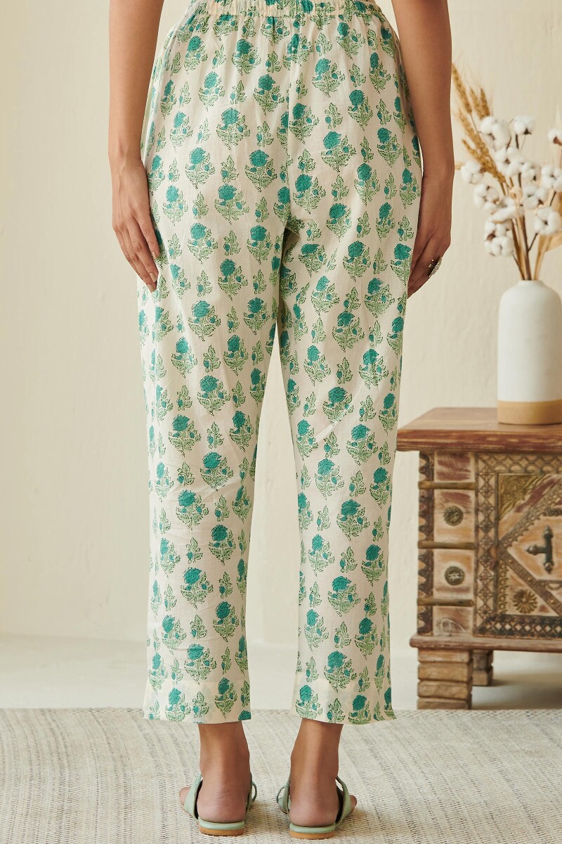 Turquoise Hand Block Printed Cotton Narrow Pants