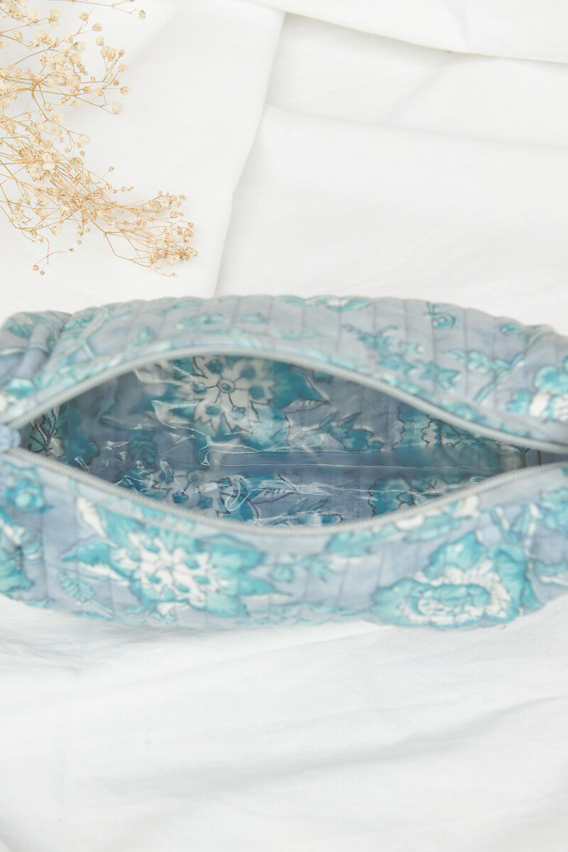 Blue Hand Block-Printed Cotton Vanity Pouch