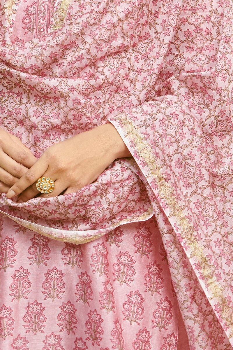 Pink Hand Block-Printed Chanderi Dupatta