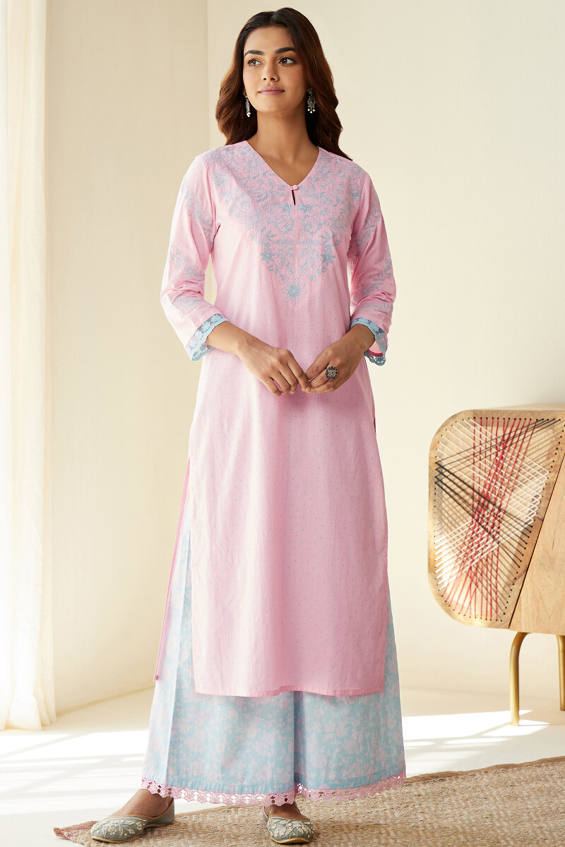 Pink Hand Printed Straight Cotton Kurta