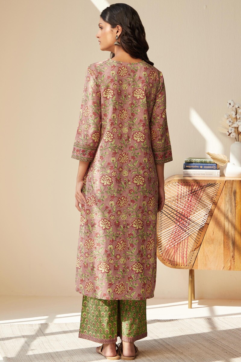 Mauve Hand Block-Printed Straight Cotton Kurta