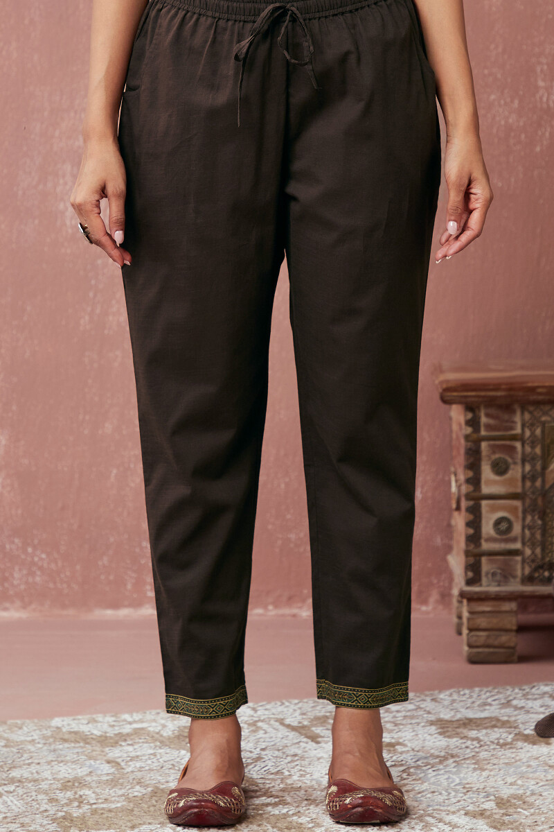 Brown Handcrafted Cotton Slub Narrow Pants