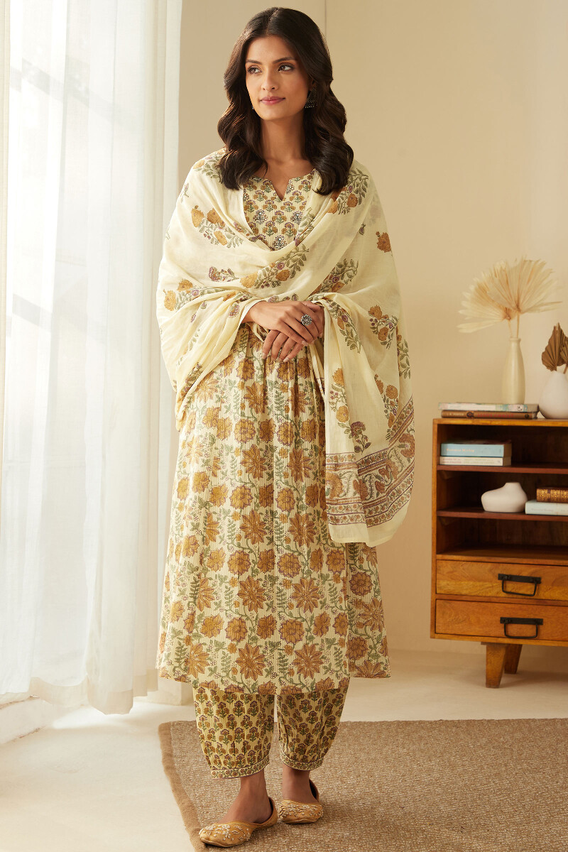 Beige Hand Block-Printed A-Line Cotton Dobby Kurta