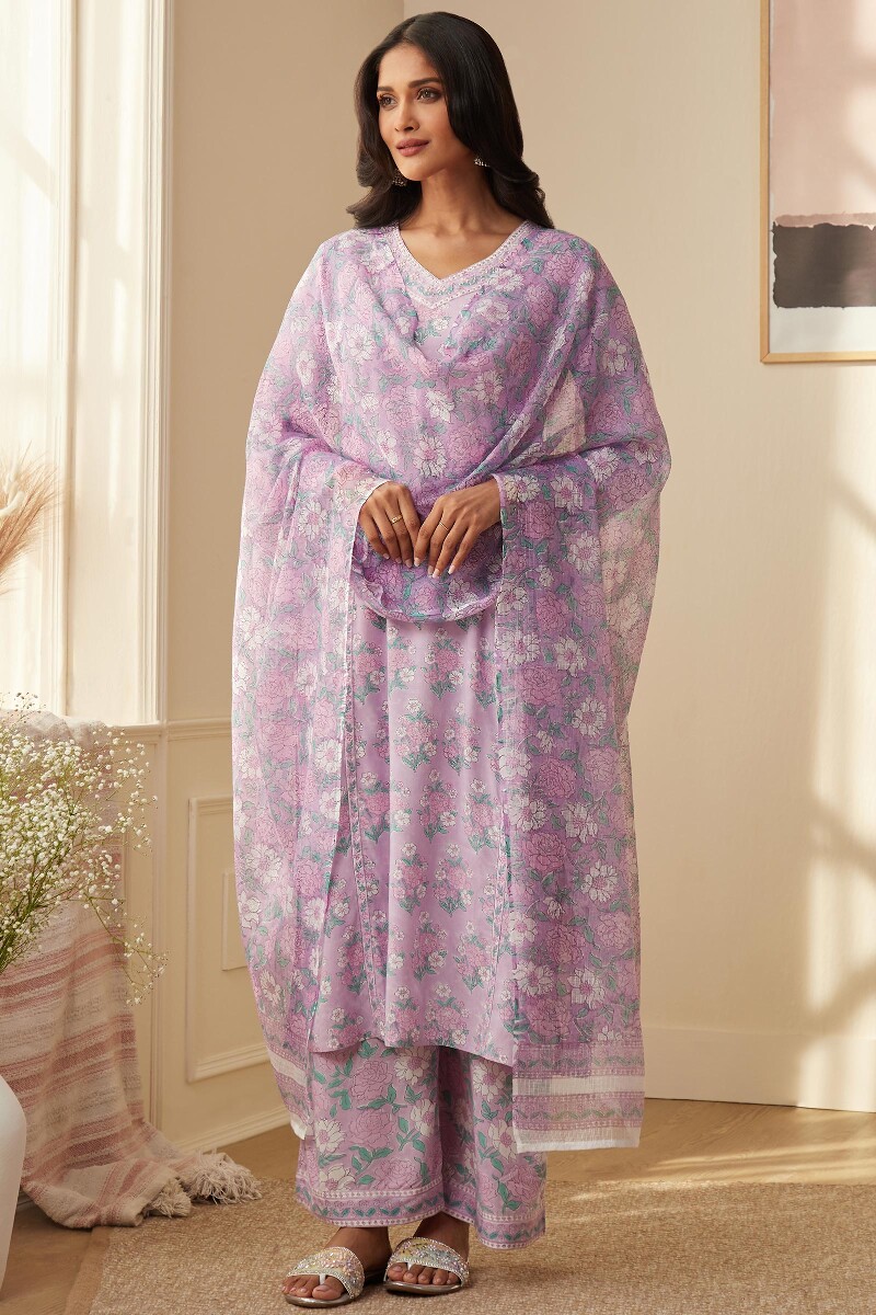 Purple Hand Block-Printed Straight Viscose Kurta