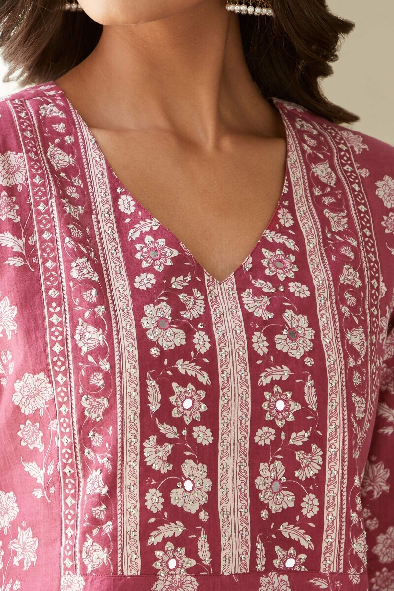 Pink Hand Printed Straight Cotton Kurta