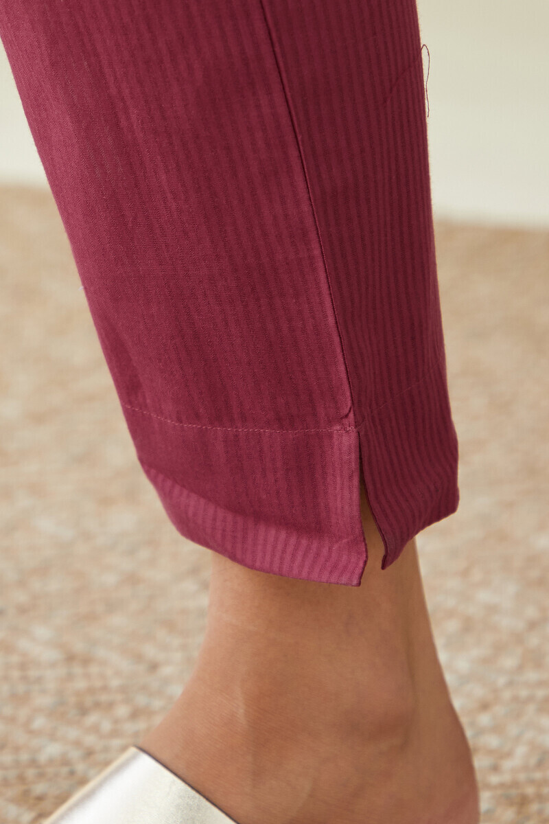 Red Handcrafted Cotton Dobby Narrow Pants