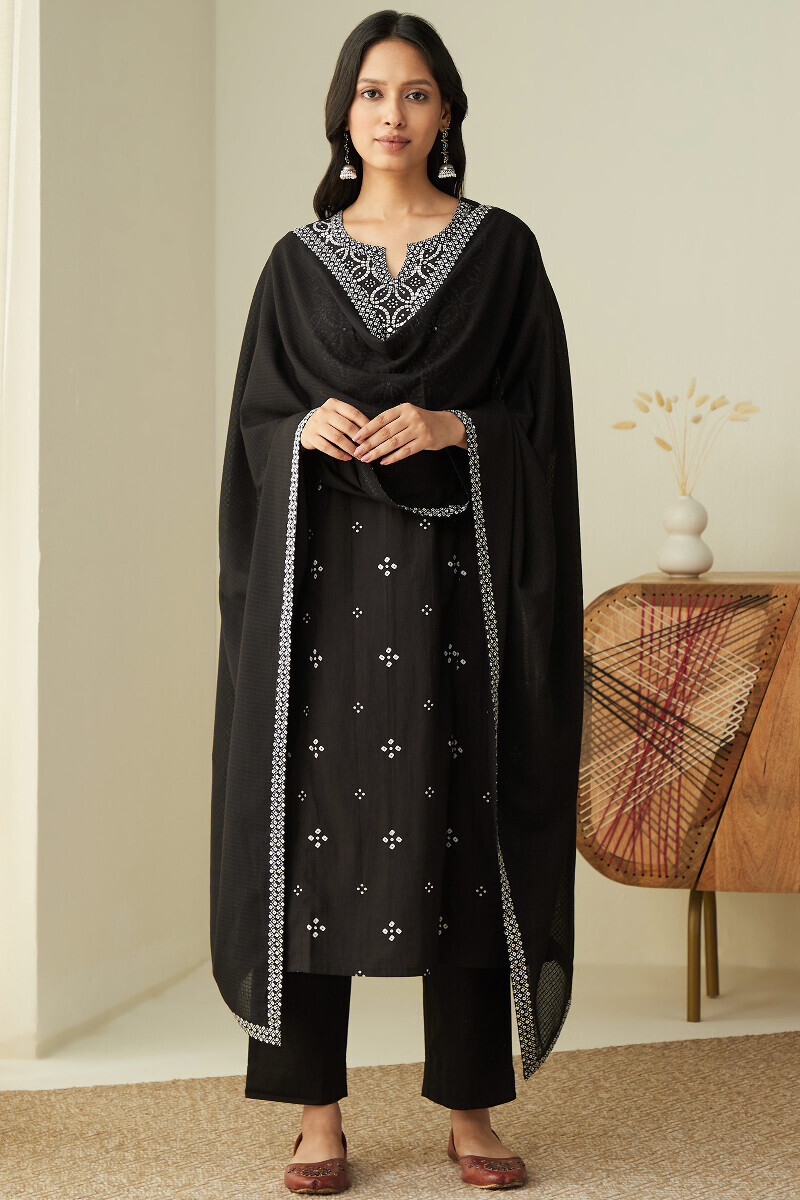 Black Hand Printed Straight Cotton Kurta