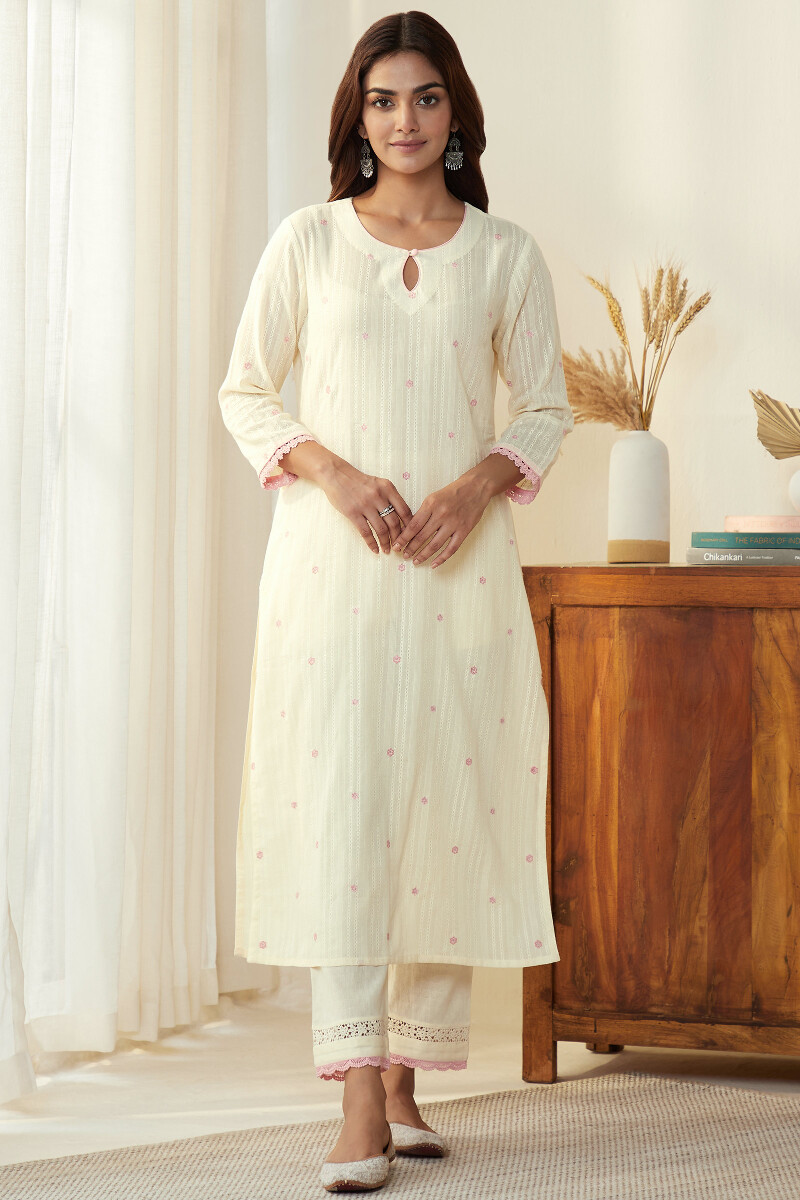 Off-White Handcrafted Straight Cotton Dobby Kurta