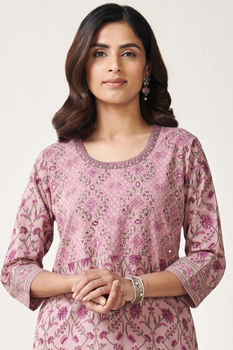 Pink Hand Block Printed Straight Cotton Kurta