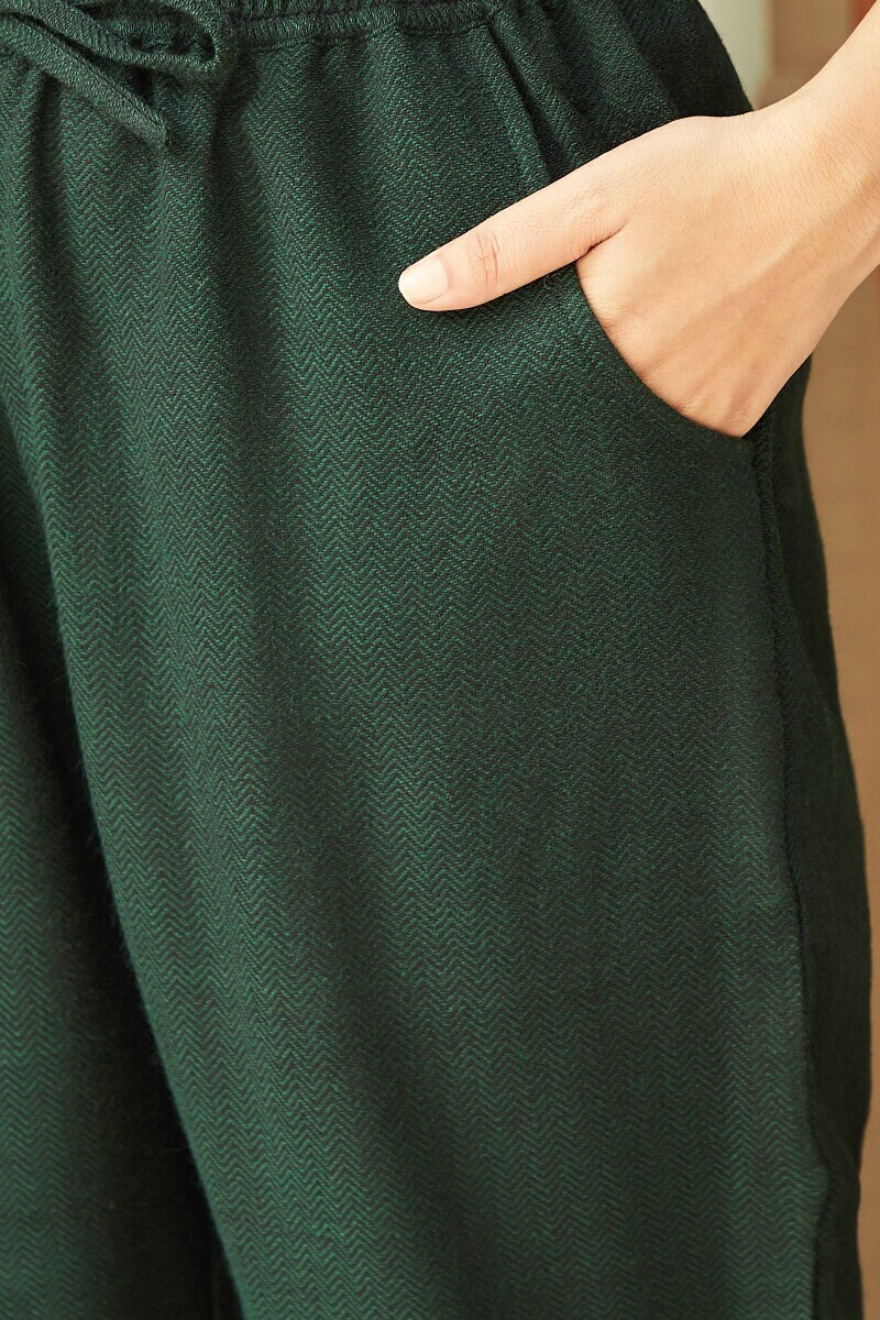 Green Handcrafted Faux Wool Narrow Pants