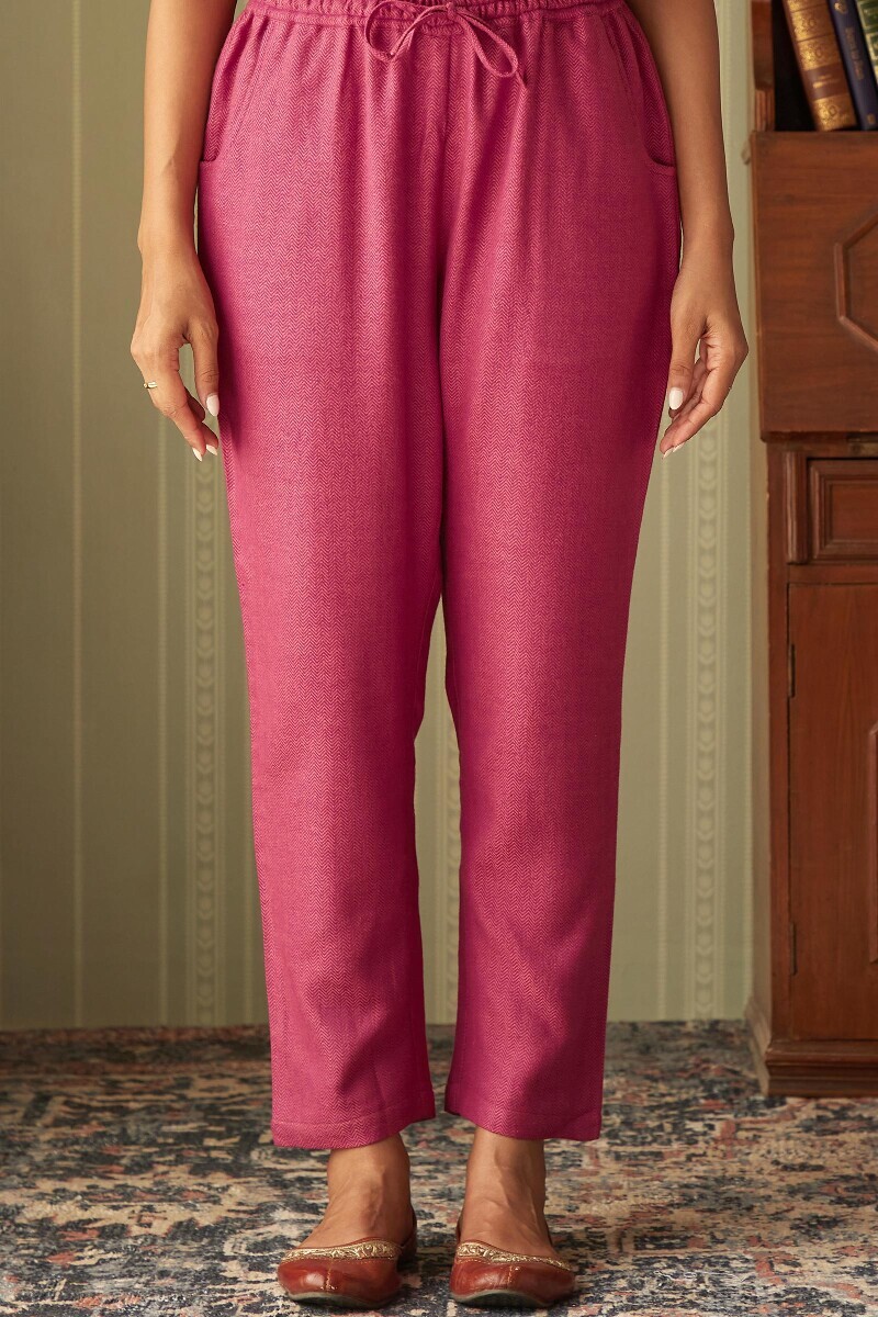 Pink Handcrafted Faux Wool Narrow Pants