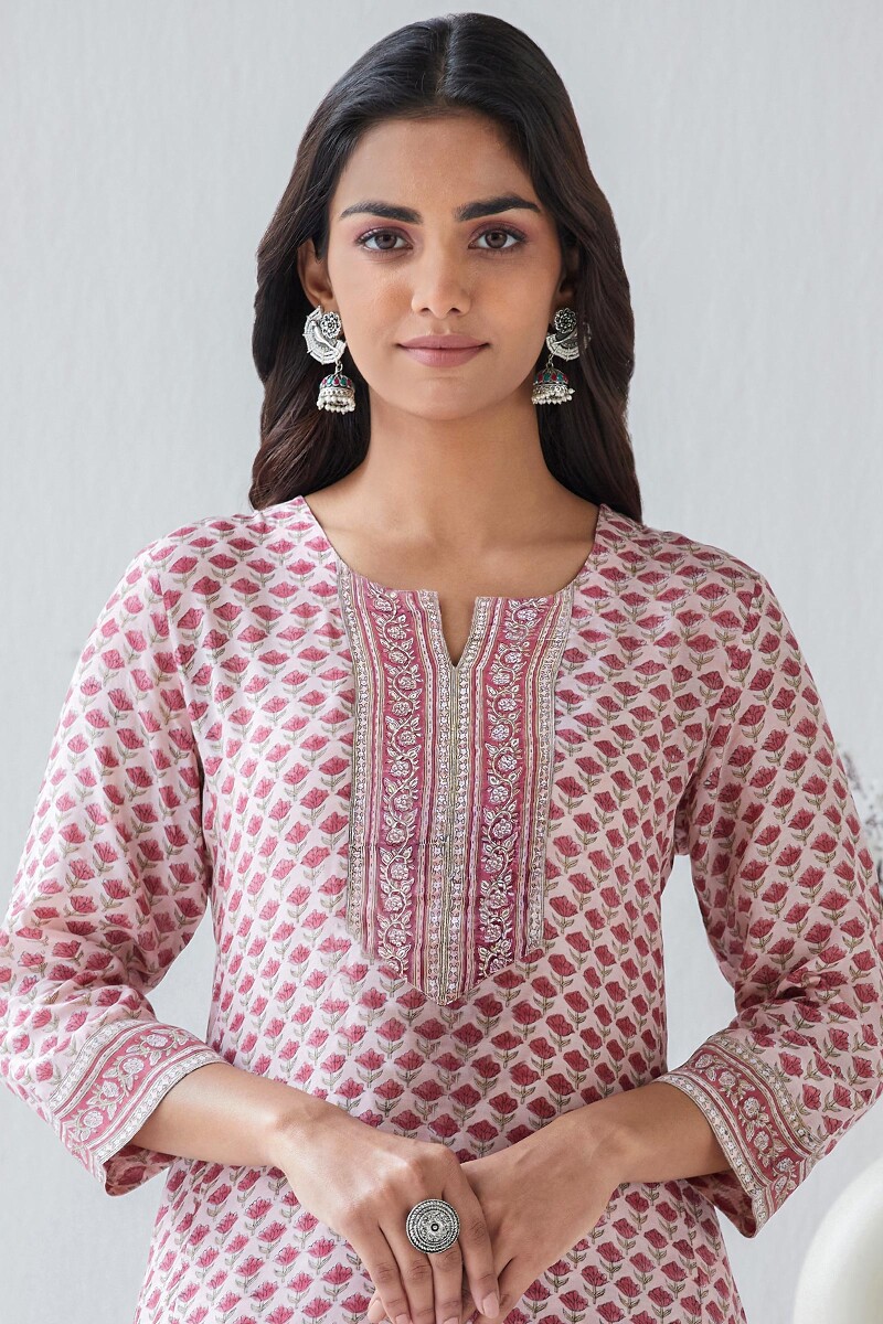 Pink Hand Block Printed Straight Modal Kurta