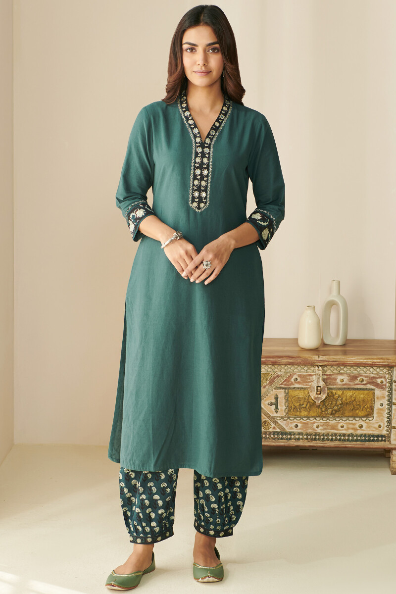 Teal Blue Hand Block Printed Straight Handloom Kurta