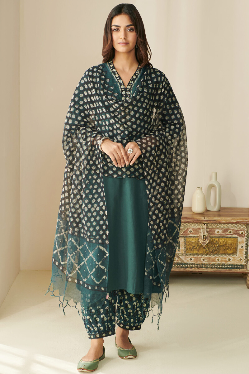 Teal Blue Hand Block Printed Straight Handloom Kurta