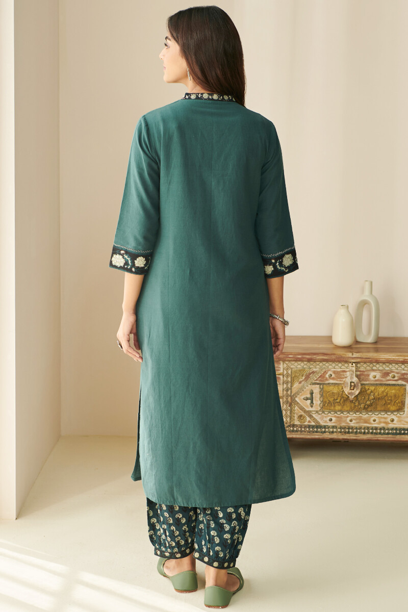 Teal Blue Hand Block Printed Straight Handloom Kurta