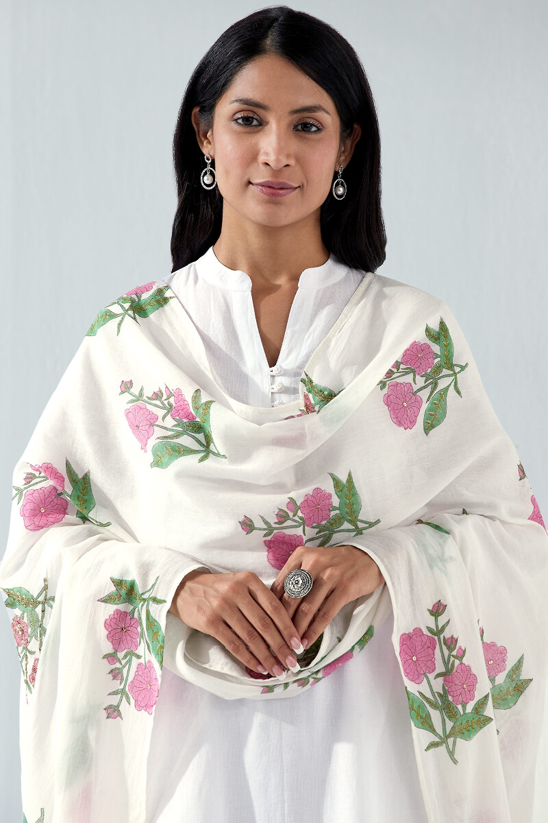 White Hand Block Printed Cotton Mul Dupatta