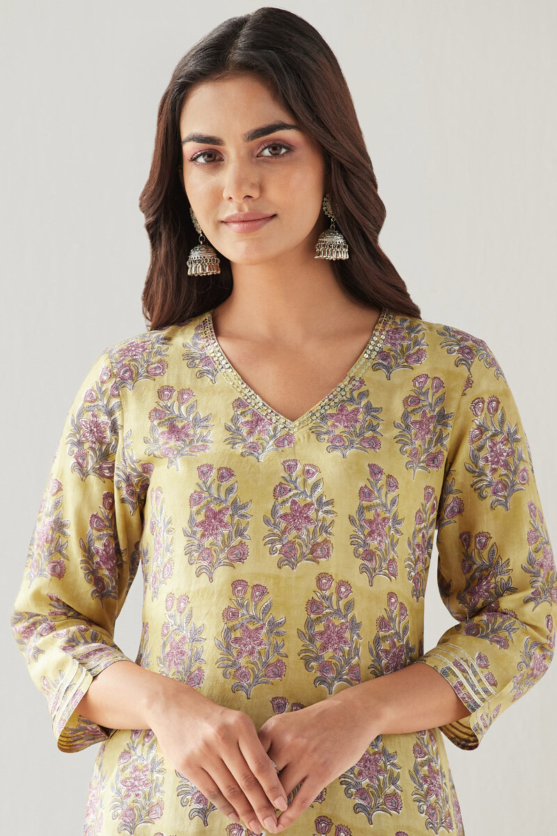 Mustard Hand Block Printed Straight Modal Kurta